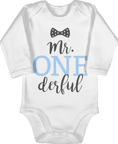 Baby Body langarm Mädchen Junge - 1. Geburtstag - Mr. One Derful - 6/12 Monate - Weiß - babykleidung 1 jahr outfit einjährige erste babybody erster year 1geburtstag first langarmbodys geburtstags von Shirtracer