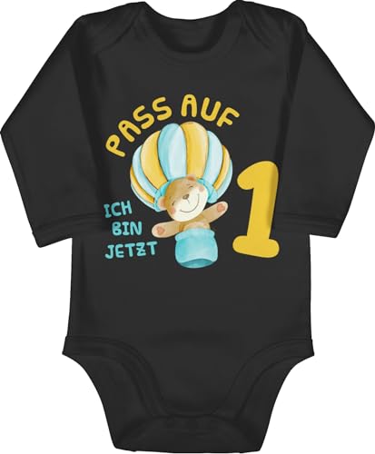 Baby Body langarm Mädchen Junge - 1. Geburtstag - Pass auf ich bin jetzt eins Bär Heißluftballon - 12/18 Monate - Schwarz - one year outfit 1 jahr strampler geburtstags einjährige babybody von Shirtracer
