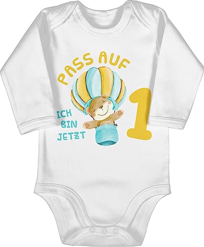 Baby Body langarm Mädchen Junge - 1. Geburtstag - Pass auf ich bin jetzt eins Bär Heißluftballon - 12/18 Monate - Weiß - one year outfit 1 jahr strampler geburtstags einjährige babybody von Shirtracer