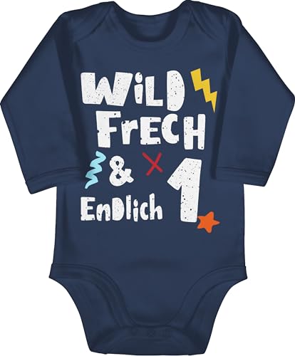 Baby Body langarm Mädchen Junge - 1. Geburtstag - Wild frech und endlich 1 - Ein Jahre Wunderbar - 12/18 Monate - Navy Blau - 1ster outfit happy birthday bodys one einjährige langarmbody year von Shirtracer