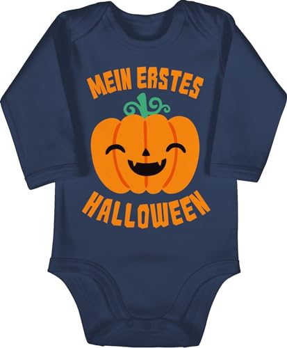 Baby Body langarm Mädchen Junge - Babys - Mein erstes Halloween Kürbis - 3/6 Monate - Navy Blau - my first outfit girl horror pumpkin strampler haloween babybody helloween bodies halloeween von Shirtracer