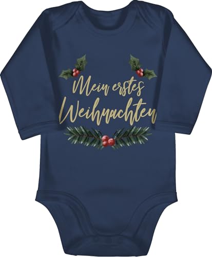 Baby Body langarm Mädchen Junge - Geschenke Christmas - Mein erstes Weihnachten - Wasserfarben - Zweige - 6/12 Monate - Navy Blau - weihnachtsstrampler weihnachtsmotiv first strampler weihnacht my von Shirtracer