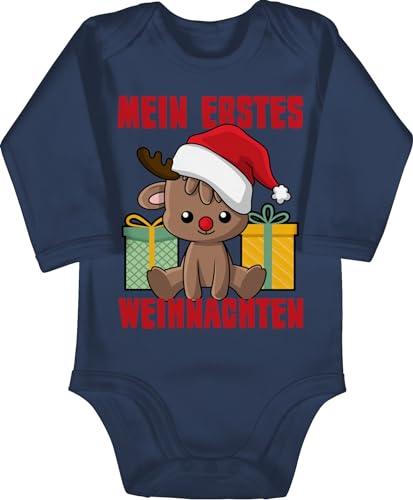Baby Body langarm Mädchen Junge - Geschenke Christmas - Mein erstes Weihnachten mit Rentier - 3/6 Monate - Navy Blau - weihnachtsbody weihnachtsstrampler weihnachtsmotiv xmas bodys 1st outfit von Shirtracer