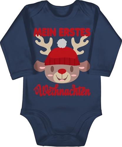 Baby Body langarm Mädchen Junge - Geschenke Christmas - Mein erstes Weihnachten mit Rentier - 6/12 Monate - Navy Blau - weihnachtsbody weihnachtsstrampler weihnachtsmotiv erste weinachten strampler von Shirtracer