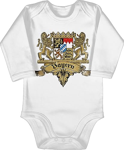 Baby Body langarm Mädchen Junge - Kompatibel mit Oktoberfest Outfit - Bayern Wappen Bayernland Freistaat Bayern - 6/12 Monate - Weiß - bayrischer oktoberfestkleidung boarische tracht trachten von Shirtracer