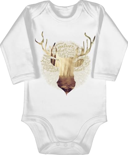 Baby Body langarm Mädchen Junge - Kompatibel mit Oktoberfest Outfit - Hirsch Motiv Geschenk Jäger I Hirschgeweih Tracht - 6/12 Monate - Weiß - trachtenbody trachten bayrisch jaeger strampler von Shirtracer