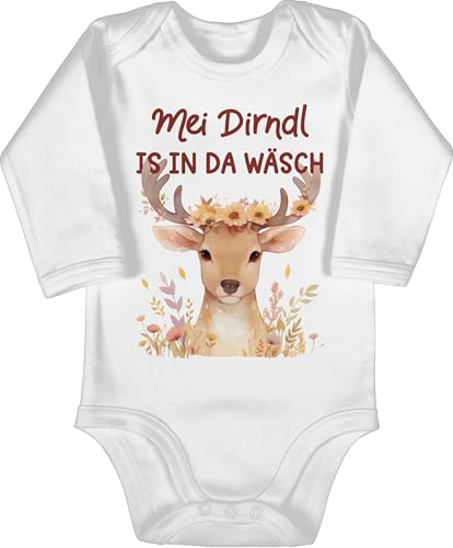 Baby Body langarm Mädchen Junge - Kompatibel mit Oktoberfest Outfit - Mei Dirndl is in da Wäsch | Hirschkopf | Volksfest Hirsch | Trachtenfans - 3/6 Monate - Weiß - trachtenbody bayrisch der von Shirtracer