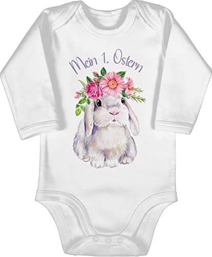 Baby Body langarm Mädchen Junge - Ostergeschenke - Mein 1. Ostern Hase Blumenkranz I Mein erstes Ostern I - 3/6 Monate - Weiß - outfit osteroutfit easter my strampler 1 osterbody ostermotiv oster von Shirtracer