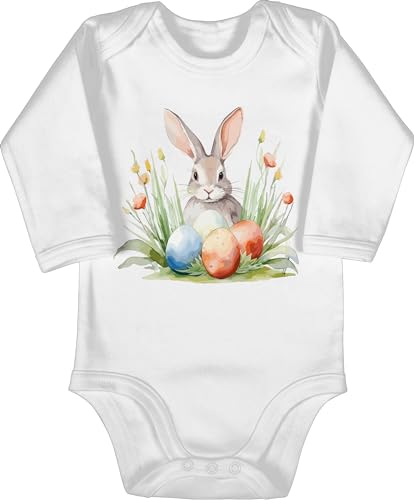Baby Body langarm Mädchen Junge - Ostergeschenke Ostern - Hase mit Ostereiern I Osterhase I Oster Hase - 3/6 Monate - Weiß - klamotten für osteroutfit easter ostern￼ strampler outfits for von Shirtracer