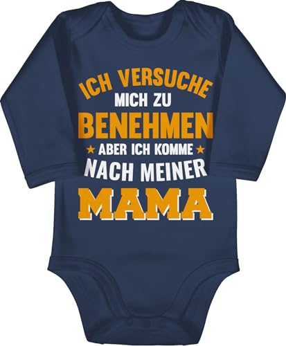 Baby Body langarm Mädchen Junge - Sprüche - Ich versuche mich zu benehmen aber ich komme nach meiner Mama orange - 3/6 Monate - Navy Blau - baby-kleidung bodys mit sprüchen babybodys babysachen von Shirtracer