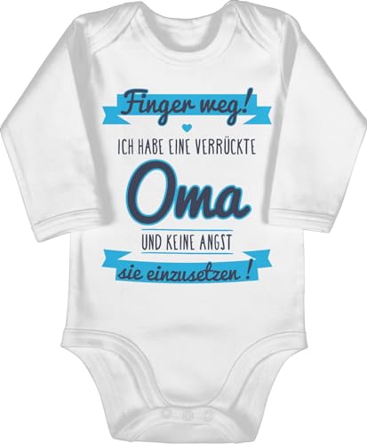 Baby Body langarm Mädchen Junge - Sprüche - Ich Habe eine verrückte Oma grau/hellblau - 3/6 Monate - Weiß - babybody mit spruch babygeschenke spruche finger weg strampler babygeschenk sprüchen von Shirtracer
