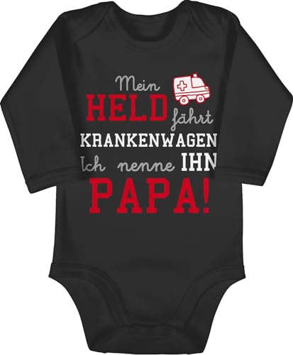 Baby Body langarm Mädchen Junge - Sprüche - Mein Held fährt Krankenwagen - 3/6 Monate - Schwarz - babygeschenke spruch papa bodys babygeschenk spruche sanitäter strampler baby-geschenke von Shirtracer