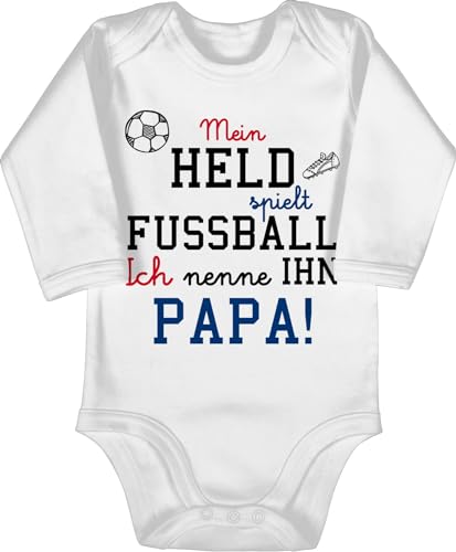 Baby Body langarm Mädchen Junge - Sprüche - Mein Held spielt Fußball - 6/12 Monate - Weiß - babybody mit spruch papa babygeschenke spruche dad strampler weiss babygeschenk sprüchen vater von Shirtracer