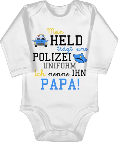 Baby Body langarm Mädchen Junge - Sprüche - Mein Held trägt eine Polizeiuniform - Polizist Geschenk zur Geburt - 12/18 Monate - Weiß - babygeschenke spruch dad babybody babygeschenk spruche papa von Shirtracer