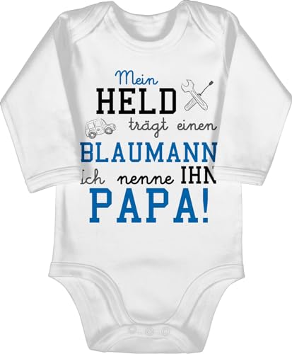 Baby Body langarm Mädchen Junge - Sprüche - Mein Held trägt einen Blaumann - 6/12 Monate - Weiß - babygeschenke spruch kfz bodys babygeschenk spruche papatag babybody baby-geschenke sprüchen von Shirtracer