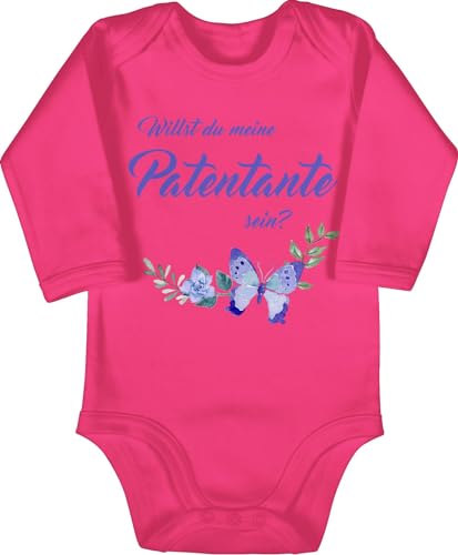Baby Body langarm Mädchen Junge - Willst du meine Patentante sein? Schmetterlinge - 3/6 Monate - Fuchsia - patentanten sein babybody godi fragen strampler patin werden langarmbody taufpatin von Shirtracer