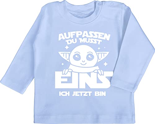 Baby Langarmshirt - 1. Geburtstag - Aufpassen du musst eins ich jetzt bin - 12/18 Monate - Babyblau - geburtstagsshirt 1 jahr langarm einjährige für 1-jährige babysachen 1.geburtstag junge outfit von Shirtracer