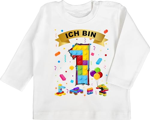 Baby Langarmshirt - 1. Geburtstag - Ich Bin 1 Bausteine - 12/18 Monate - Weiß - Geschenk+für+einjähriges+Kind einjährige Jahr Tshirt 1.Geburtstag Junge Outfit 1geburtstag Shirt erster 1st von Shirtracer