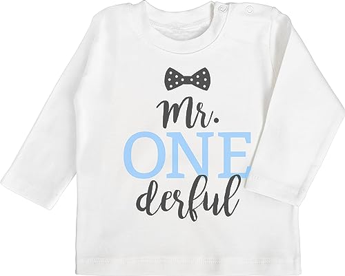 Baby Langarmshirt - 1. Geburtstag - Mr. One Derful - 6/12 Monate - Weiß - Babykleidung 1 Jahr Outfit 1st Birthday mr Onederful Shirts fã¼r Baby-Jungen Geschenk Junge Jahre 1jahriger ich Bin von Shirtracer