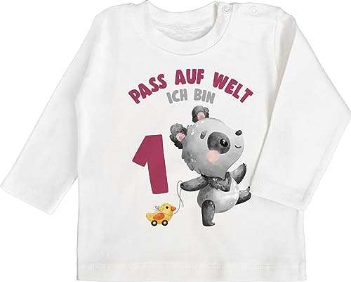 Baby Langarmshirt - 1. Geburtstag - Pass auf Welt ich Bin eins mit Panda - 6/12 Monate - Weiß - 1 Jahr t Shirts Outfit 1st Birthday Schon mädchen Shirt Langarm one Year jetzt Tshirt 1jahriger von Shirtracer