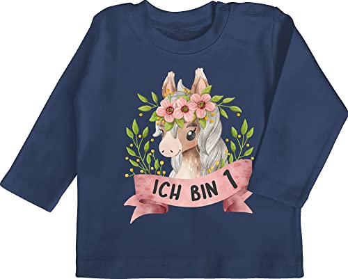 Baby Langarmshirt - 1. Geburtstag - Ich Bin eins mit süßem Pferd mit Blumen - 6/12 Monate - Navy Blau - Kindergeburtstag 1 Jahr Shirt one Birthday Old t-Shirt für 1jahrige Langarm erster t erste von Shirtracer