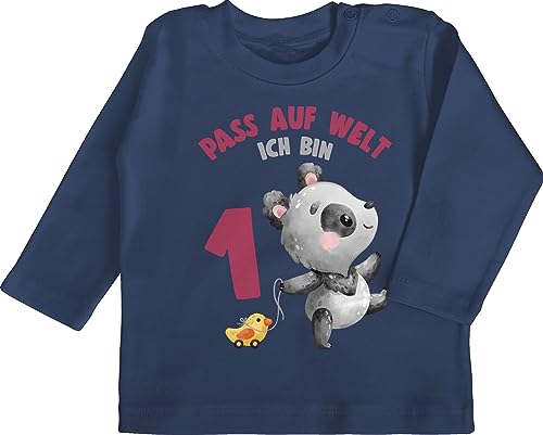 Baby Langarmshirt - 1. Geburtstag - Pass auf Welt ich Bin eins mit Panda - 18/24 Monate - Navy Blau - Birthday 1 Jahr one Mein Old 1jahr Jahre Geburtstagskind Geburstag Kindergeburtstag Year i am von Shirtracer