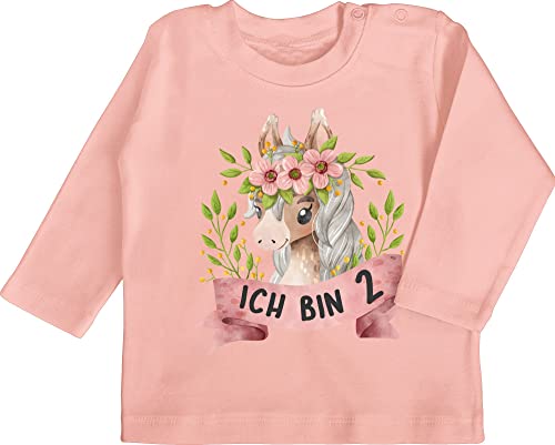 Baby Langarmshirt - 2. Geburtstag - Ich Bin Zwei mit süßem Pferd mit Blumen - 12/18 Monate - Babyrosa - Tshirt 2 Jahre Langarm 2, Achtung Longsleeve mädchen Outfit Junge 2.Geburtstag Schon von Shirtracer