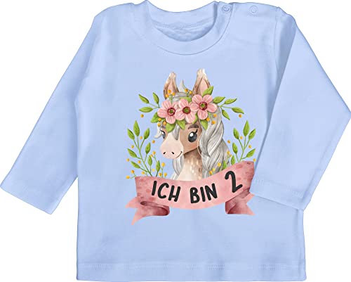 Shirtracer Baby Langarmshirt - 2. Geburtstag - Ich Bin Zwei mit süßem Pferd mit Blumen - 18/24 Monate - Babyblau - Langarm Tshirt geburtstagsshirt 2 Jahre Geburtstags Two babyshirts mädchen Outfit von Shirtracer