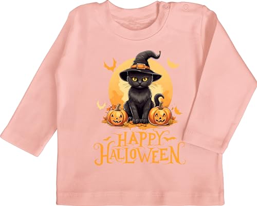 Baby Langarmshirt - Babys - Happy Halloween Katze Hexenhut Lustig Katzenliebhaber Cat - 18/24 Monate - Babyrosa - Outfit Horror Katzen Shirt Haloween t-Shirt Helloween Langarm halloeween Tshirt von Shirtracer