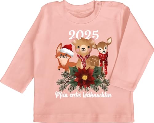 Baby Langarmshirt - Geschenke Christmas - 2025 Mein erstes Weihnachten mit süßen Tieren - weiß - 3/6 Monate - Babyrosa - weihnachtsoutfit 2022 weihnachtpullor weihnachtsmotiv Tier Shirt 1. Outfit von Shirtracer