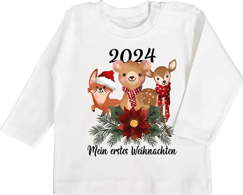 Baby Langarmshirt - Geschenke Christmas - 2024 Mein erstes Weihnachten mit süßen Tieren - schwarz - 3/6 Monate - Weiß - Langarm Outfit Xmas 1. Babybekleidung t-Shirt Weinachten My 1 Shirts x Mas von Shirtracer