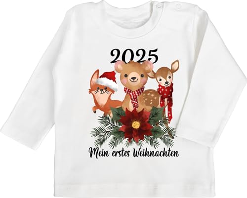 Baby Langarmshirt - Geschenke Christmas - 2025 Mein erstes Weihnachten mit süßen Tieren - schwarz - 3/6 Monate - Weiß - Outfit Junge weihnachtpullor weihnachtsmotiv 1.Weihnachten Shirt von Shirtracer