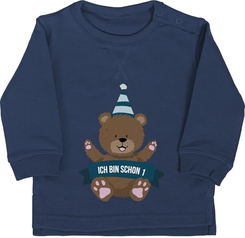 Baby Pullover Jungen Mädchen - 1. Geburtstag - Ich Bin Schon eins Bär - 6/12 Monate - Navy Blau - geburtstagspullover 1 Jahr geburtstagsshirt einjährige one Langarm Pulli 1geburtstag EIN Sweater von Shirtracer