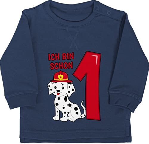 Baby Pullover Jungen Mädchen - 1. Geburtstag - Ich bin schon eins Feuerwehr Hund - 12/18 Monate - Navy Blau - geburtstagsshirt 1 einjährige babykleidung jahr 1geburtstag pulli klamotten für von Shirtracer