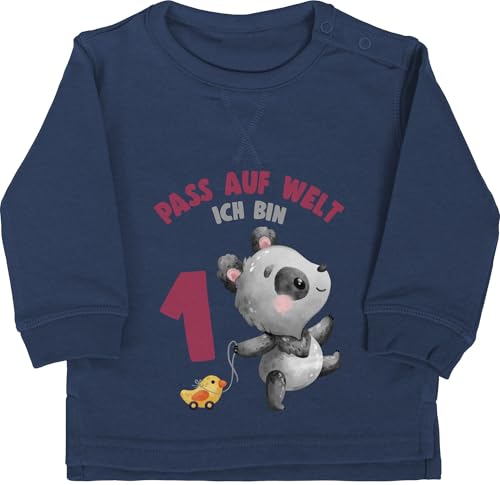 Baby Pullover Jungen Mädchen - 1. Geburtstag - Pass auf Welt ich bin eins mit Panda - 12/18 Monate - Navy Blau - geburtstagsshirt 1 einjährige jahr alt pulli klamotten für 1geburtstag schon von Shirtracer