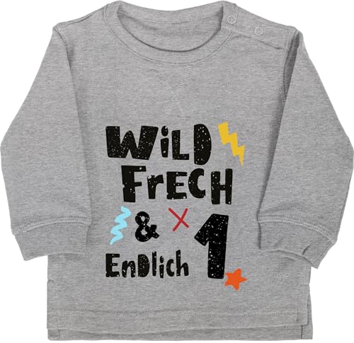 Baby Pullover Jungen Mädchen - 1. Geburtstag - Wild frech und endlich 1 - Wunderbar ein Jahr - 12/18 Monate - Grau meliert - one year birthday ich bin eins für 1jahrige erster erste ersten zum von Shirtracer