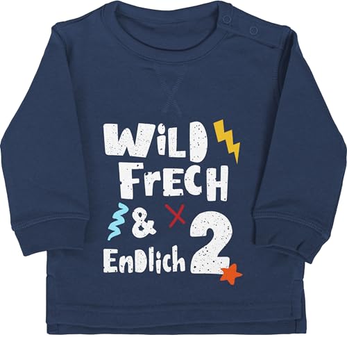 Baby Pullover Jungen Mädchen - Wild frech und endlich 2 I Zwei Jahre wunderbar I 2. Geburtstag I Zweiter Geburtstag I 2 Geburtstag - 18/24 Monate - Navy Blau - pulli 2.geburtstag bin langarm von Shirtracer