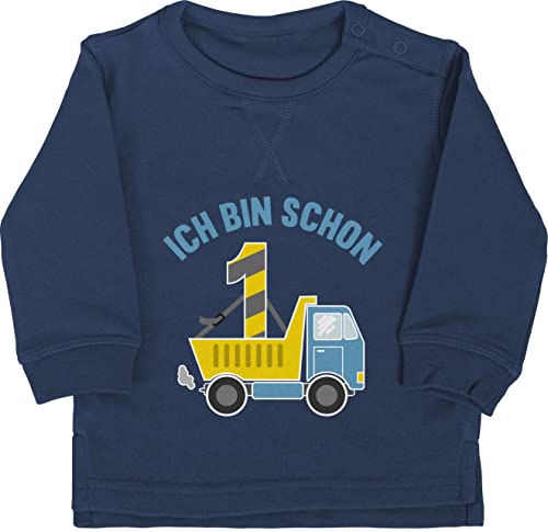 Baby Pullover Jungen Mädchen - 1. Geburtstag - Ich bin schon eins I LKW Kipper - 6/12 Monate - Navy Blau - 1 jahr jetzt sweatshirt geburtstagsshirt 1geburtstag geburtstagskind langarm pulli von Shirtracer