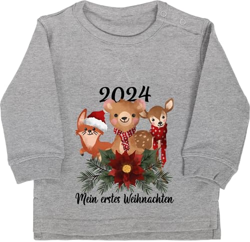 Shirtracer Baby Pullover Jungen Mädchen - Geschenke Christmas - 2024 Mein erstes Weihnachten mit süßen Tieren - schwarz - 6/12 Monate - Grau meliert - weihnachtsoutfit Weinachten 1. Pulis Outfit von Shirtracer