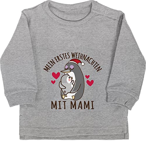 Shirtracer Baby Pullover Jungen Mädchen - Geschenke Christmas - Mein erstes Weihnachten mit Mami - Pinguine - braun - 6/12 Monate - Grau meliert - Outfit Weihnachts das erste pullis weihnachtsoutfit von Shirtracer