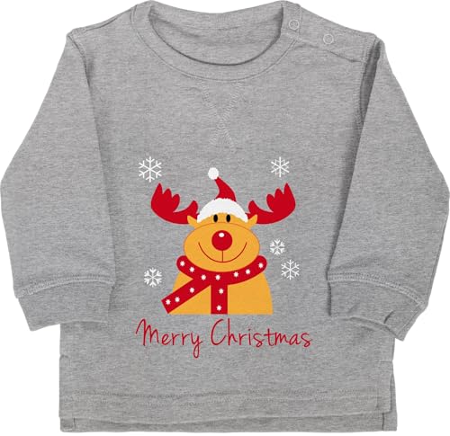 Baby Pullover Jungen Mädchen - Weihnachten Geschenke - Merry Christmas Rentier - 6/12 Monate - Grau meliert - Weihnachtspullover Outfit weihnachtsmotiv elch Sweater rentierpullover Clothes von Shirtracer