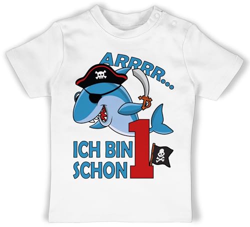 Baby T-Shirt Mädchen Jungen - 1. Geburtstag - Arrrr ich Bin Schon eins mit Piraten-Hai - 12/18 Monate - Weiß - geburtstagsshirt 1 Jahr My 1st Birthday Shirt ersten Tshirt zum t 1ster Outfit erster von Shirtracer