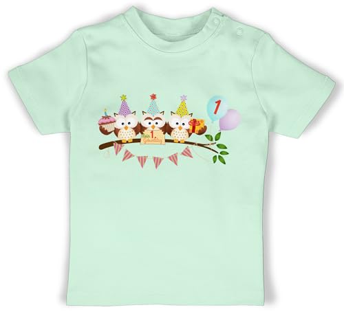 Baby T-Shirt Mädchen Jungen - 1. Geburtstag - Erster süße Party Eulen - 12/18 Monate - Mintgrün - 1 t Shirt Geschenke für 1jahrige 1st t-Shirts Geschenk Jahr altes 1jahriger babyshirt von Shirtracer