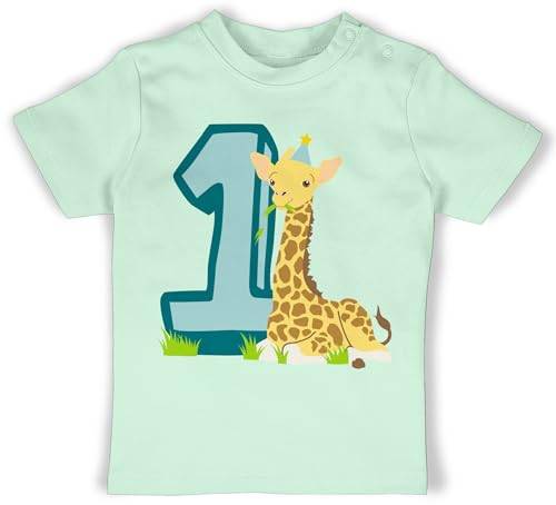 Baby T-Shirt Mädchen Jungen - 1. Geburtstag - Giraffe Eins - 12/18 Monate - Mintgrün - t Shirt geburtstagsshirt+1+Jahr 1 Jahr erster Tshirt Klamotten geburtstagsshirt one einjährige t-Shirts von Shirtracer