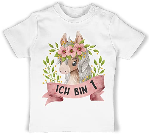Baby T-Shirt Mädchen Jungen - 1. Geburtstag - Ich Bin eins mit süßem Pferd mit Blumen - 6/12 Monate - Weiß - Geschenk für einjähriges geburtstagsshirt+1+Jahr 1 Jahr Tshirt 1st Birthday Outfit von Shirtracer