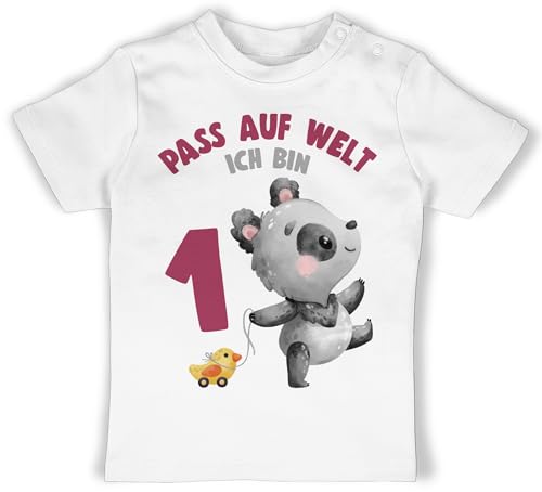 Baby T-Shirt Mädchen Jungen - 1. Geburtstag - Pass auf Welt ich Bin eins mit Panda - 6/12 Monate - Weiß - Babygeschenk 1 Jahr 1st Schon Tshirts 1.Geburtstag Outfit one Year jetzt Shirts von Shirtracer