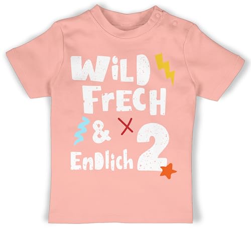Baby T-Shirt Mädchen Jungen - Wild frech und endlich 2 I Zwei Jahre wunderbar I 2. Geburtstag I Zweiter Geburtstag I 2 Geburtstag - 18/24 Monate - Babyrosa - geburtstagsshirt 2.Geburtstag Bin Shirt von Shirtracer