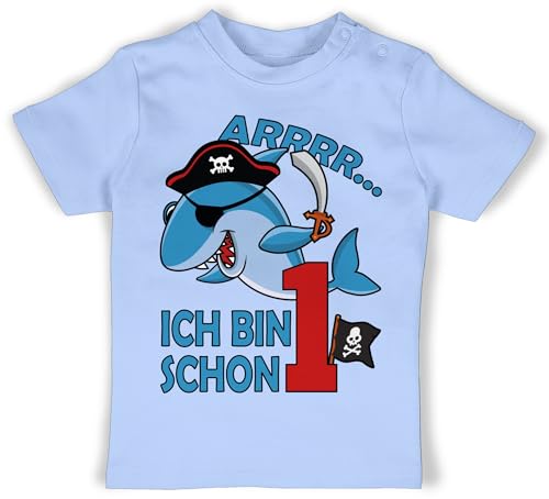 Baby T-Shirt Mädchen Jungen - 1. Geburtstag - Arrrr ich Bin Schon eins mit Piraten-Hai - 12/18 Monate - Babyblau - geburtstagsshirt+1+Jahr 1 Jahr Tshirt geburtstagsshirt one einjährige Shirt von Shirtracer