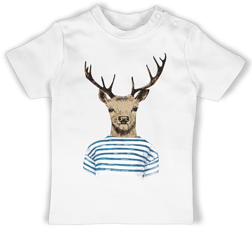 Baby T-Shirt Mädchen Jungen - Kompatibel Oktoberfest Outfit - Hirsch mit gestreiftem Shirt - 18/24 Monate - Weiß - Tshirt Oktoberfest-Outfits bayrisches Shirts Trachten tischert Tracht t von Shirtracer