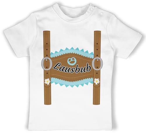 Baby T-Shirt Mädchen Jungen - Kompatibel mit Oktoberfest Outfit - Lausbub Lederhose - 6/12 Monate - Weiß - trachtenshirt tracht t shirt trachtenbody oktoberfest- tshirts oktoberfest-outfits von Shirtracer